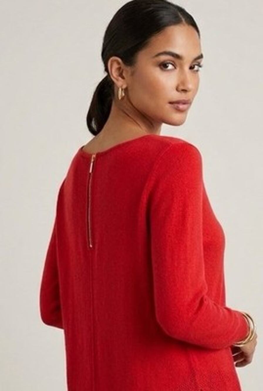 Chico's Red Tunic Top Size 2 L 12/14 Boat Neck Back Zip Long Sleeve High-Low Hem